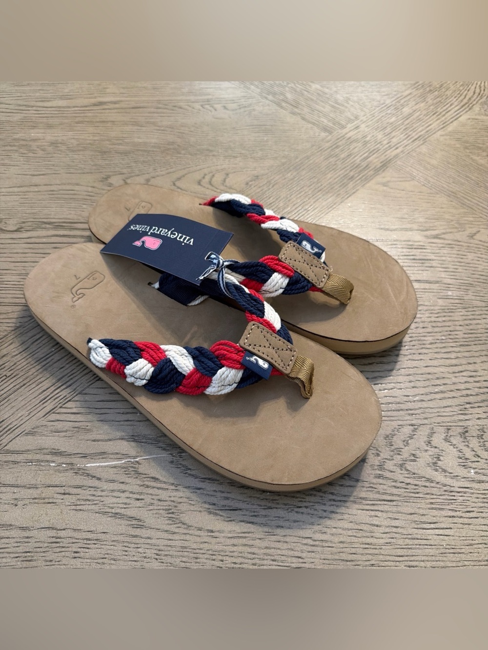 Vineyard Vines Size 7 Flip Flops. Braided Rope And Leather. Red, White